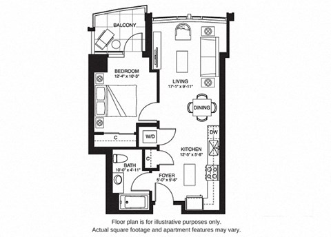 Floor plan for 1 bed, 1 bath, 613 sqft